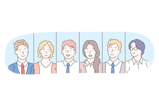 Office workers, business, managers, teamwork, cooperation concept. Portraits of young smiling people cartoon characters office workers or members or project team or company staff vector illustration