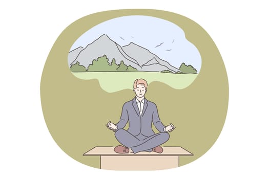 Yoga, relax, business concept. Businessman manager leader sitting dreaming on work table does yoga in office thinking of vacation. Relaxation rest on work stress relief with meditation illustration.