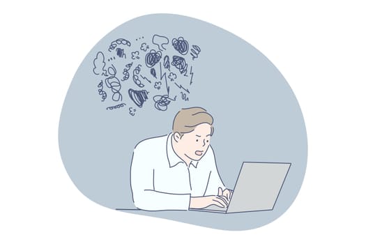 Anxiety, fatigue, business concept. Project deadline depression mental stress frustration panic overload crisis illustration. Frustrated businessman manager depressed freelancer working on laptop.