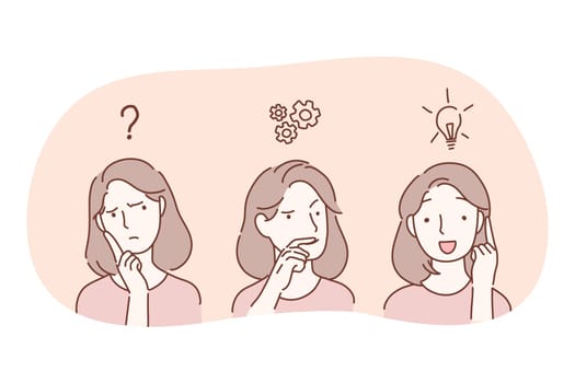 Insight, thinking and having great innovative idea concept. Face of young woman cartoon character thinking, having deep thoughts with frustration and then feeling enlightened with great idea in mind