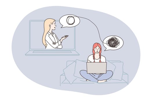 Psychology, depression, anxiety concept. Doctor making psychological consultation for depressed frustrated patient with mental stress online. Wireless therapy support and healthcare illustration.