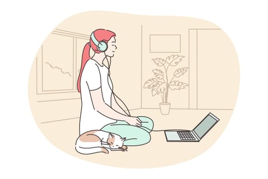 Meditation, yoga, relax concept. Young smiling calm woman cartoon character on floor with headphones listening music and dreaming. Home reacreation at quarantine and leisure time mental relaxation.