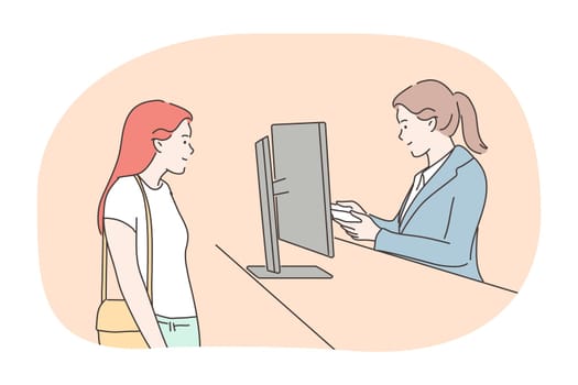 Check in, registration concept. Young woman passenger cartoon character stands on passport customs control desk. Airport security department staff worker checking arrival identification documents.