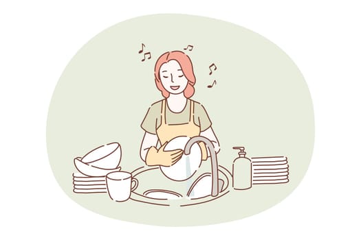 Washing dishes, housework, cleaning concept. Young smiling woman cartoon character in apron and gloves standing, washing heap of dishes in sink in kitchen and singing song alone. Maid, housekeeper