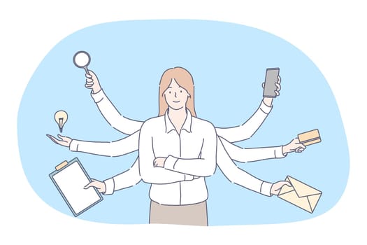 Multitasking, business efficiency, management, concept. Effective executive businesswoman professional clerk competent manager leader cartoon character workaholic standing with many hands illustration