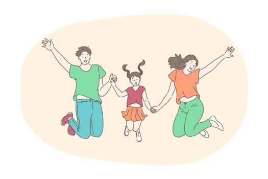 Happy family, parenthood, having children concept. Young happy parents father and mother cartoon characters jumping and having fun together with small daughter. Togetherness, happiness, couple