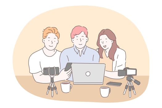 Blogging, vlogging, sharing video content online concept. Teen boys and girl cartoon characters sitting with smartphone cameras on tripods and laptop and preparing for recording video for sharing