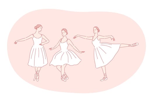 Ballerina, ballet, dance performance in theatre concept. Young woman ballerina cartoon character in white classical dress dancing and moving during training in class. Elegance, dancer, classic dance