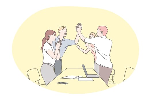 Agreement, teamwork, deal, business, successful negotiations concept. Young business people office workers partners standing and giving hands after successful negotiations or brainstorming in office