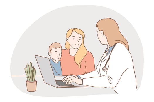 Paediatrician, medicare, health examination concept. Young woman doctor cartoon character talking to mother and son in medical clinic during consultation and typing prescription on laptop illustration