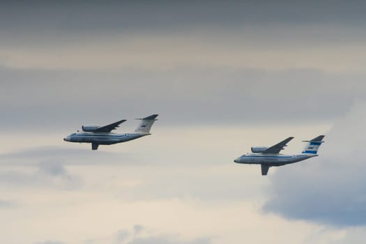 St. Petersburg, Russia, July 25, 2021 military parade, group of 2 military transport aircraft AN-72 in the .flight.