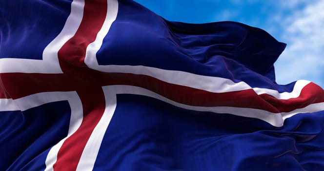 Detail of the national flag of Iceland flying in the wind. Democracy and politics. European country. Seamless 3D animation.