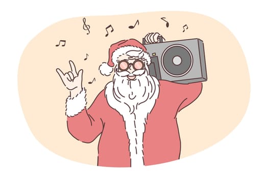 Funny Santa, celebrating Christmas and New year holidays concept. Funny hipster brutal Santa cartoon character in traditional red hat and costume listening to pop music and showing cool gesture