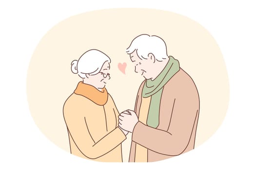 Senior elderly couple living happy active lifestyle concept. Mature aged couple grandparents cartoon characters standing, holding hands and looking at each other with love and tenderness