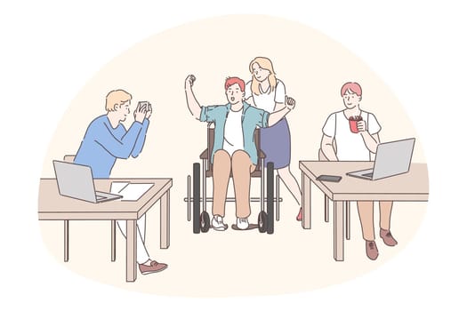 Disabled people on wheelchair living happy active lifestyle concept. Young business partners office workers cartoon characters supporting colleague boy in wheelchair in office