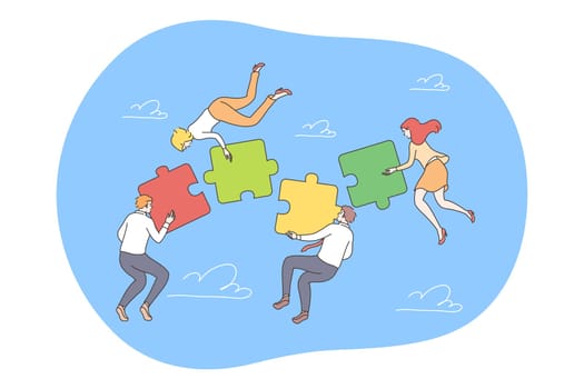 Business, teamwork, collaboration concept. Group of businessmen women managers cartoon characters cooperate together collect assembling jugsaw puzzles. Team coworking and partnership illustration.