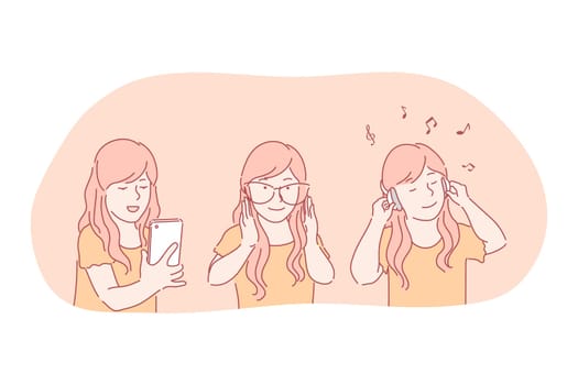 Online, smartphone, headphones, modern technologies concept. Positive girl teen cartoon character enjoying using smartphone and listening to music in headphones connected to phone vector illustration