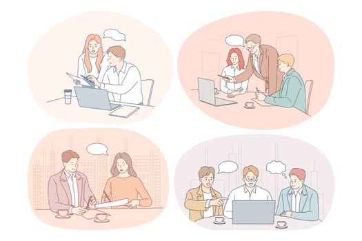 Teamwork, brainstorming, discussion, business, startup, negotiations concept. Business people partners coworkers cartoon characters discussing projects and startups together in office with laptops