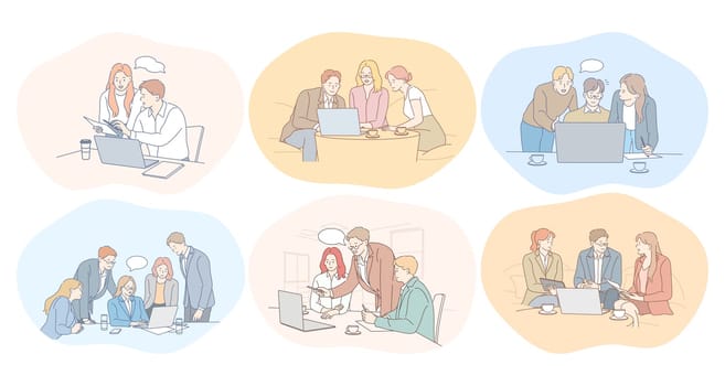 Negotiations, teamwork, brainstorming, collaboration, business, development, success concept. Young business people partners coworkers cartoon characters discussing projects in office together