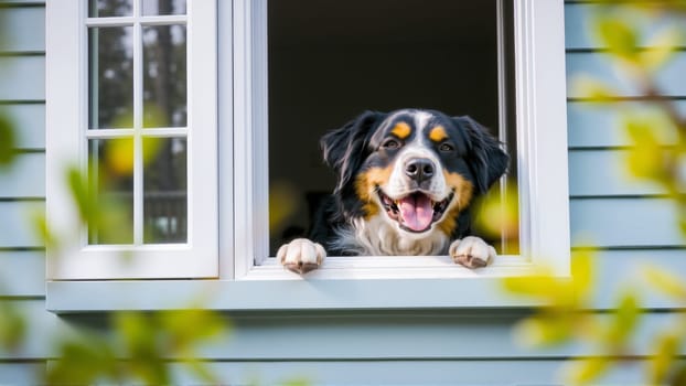 The dog wants to go for a walk. Scottish mountain dog looks out the window of the house. In the yard, there are fresh spring foliage on the trees. High quality photo
