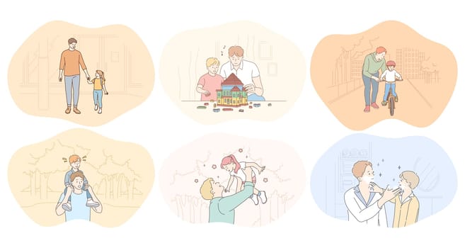 Father and child, fathers day, activities with children concept. Young men fathers walking in park, playing, having fun, building toy house, communicating and teaching children vector illustration