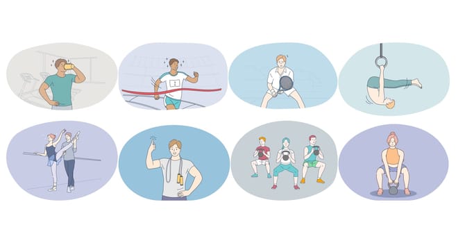 Professional sport, workout, training concept. Young people athletes training and practicing running, tennis, athletics, gymnastics, lifting weights, workout in gym and ballet in studio. Active life