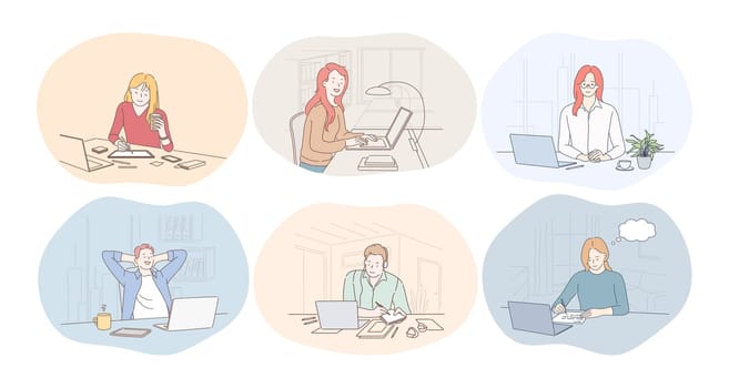 Working in office, laptop, online communication, freelance, startup concept. Young women and men office workers cartoon characters working on notebooks, communicating, generating ideas for business