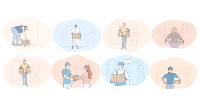 Contactless delivery, courier, online order, purchase, logistics, protection during epidemic concept. People couriers in protective medical masks delivering orders in boxes to customers at home