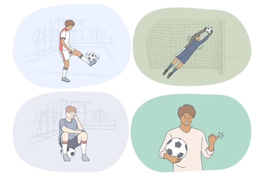 Professional football player, soccer ball and match concept. Young men football players and goalkeepers training and practicing skills on field during workouts. Sport, athletics, team sport vector