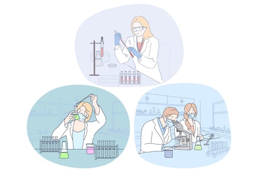 Coronavirus medical research and virus analysis in lab. People doctor scientists in protective medical masks and glasses making scientific experiment and investigating microbiology of molecules in lab