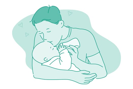 Fathers day, Father and child, activities with children concept. Young positive man father taking care of his little child toddler, feeding him and kissing in forehead at home vector illustration