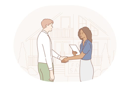 Teamwork, cooperation, partnership concept. Young business people office workers partners cartoon characters standing and shaking hands after successful negotiations in office illustration
