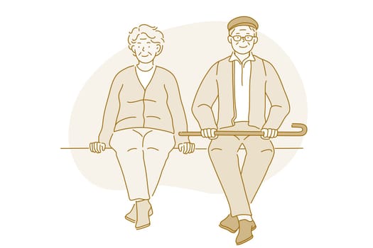 Senior elderly couple living happy active lifestyle concept. Happy mature aged couple pensioners woman and man sitting together on bench during walk looking at camera. Retiree, pensioner happiness