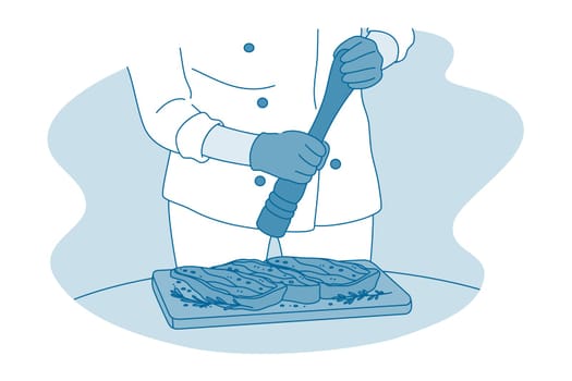 Cooking, professional chef, restaurant concept. Hands of man professional cooks in uniform adding spices and cooking meat for guests in restaurant. Gourmet, delicious, tasty menu