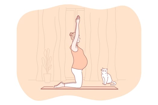 Pregnancy, motherhood, expecting for childbirth and baby concept. Young happy pregnant woman cartoon character exercising and practicing yoga and meditation on fitness mat at home