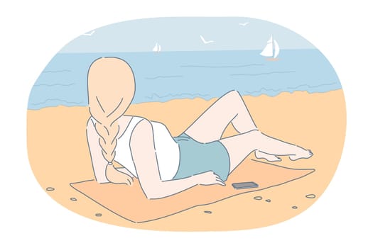 Summer, vacation, relax concept. Woman girl lying on beach ocean coast enjoying seaside recreation solitude watching seascape with sailboats seagulls. Holiday rest and summertime sunbathing on sand.