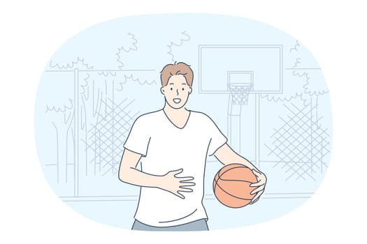 Basketball, sport, street activity concept. Young smiling boy playing street basketball on playground outdoors in summer vector illustration