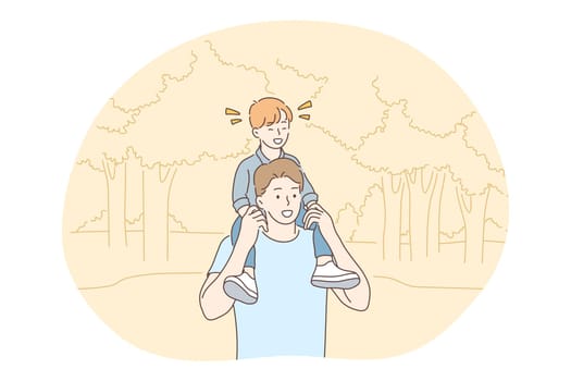 Fathers day, Father and child, activities with children concept. Young positive man father riding his little son on shoulders during walk in park in summer vector illustration