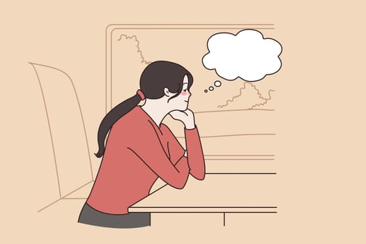 Summer travel on train concept. Young girl looking thoughtfully from train window sitting in train carriage during trip vector illustration