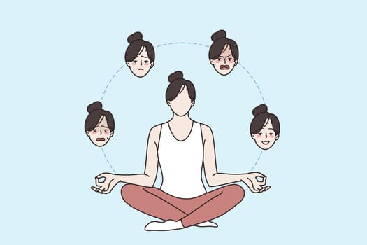 Harmony and mental health concept. Young faceless girl cartoon character sitting in lotus yoga asana position controlling emotions ecstasy, anger, stress, fear, sadness vector illustration