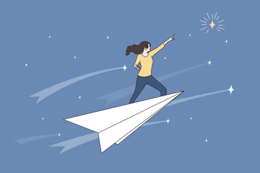 Personal brand and business success concept. Young business woman flying upwards on paper plane celebrating success development Vector illustration.