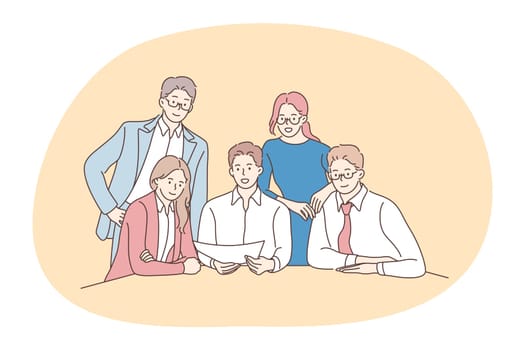 Teamwork, negotiations, business communication concept. Young smiling business people office workers partners cartoon characters sitting in office and discussing corporate project or startup together