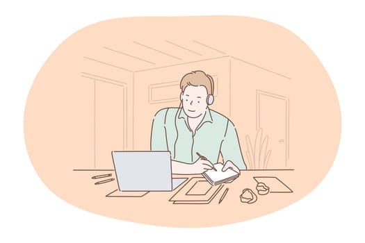 Working in office, modern company worker, online communication concept. Young smiling man cartoon character sitting on workplace with laptop in headphones and writing down tasks and information