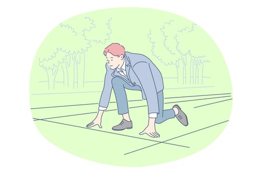 Sport, competition, leisure hobby concept. Businessman cartoon character sitting and ready to start for marathon illustration. Recreation, activity, entertainment, fitness, fun, competitor, win