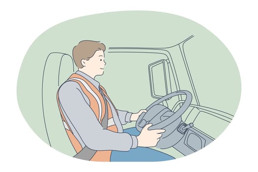 Job, career, working as driver in purlin transport concept. Young smiling man professional driver cartoon character in uniform driving bus or truck. Job, specialist, working sphere illustration