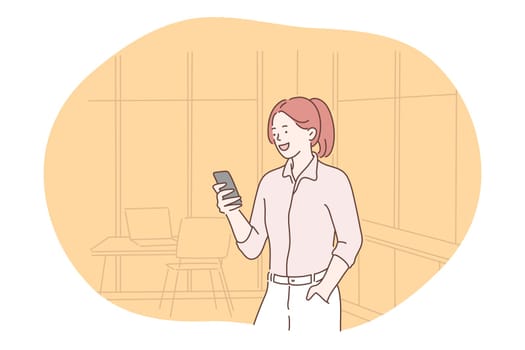 Smartphone, online communication, chatting concept. Young girl standing with smartphone in hands, chatting, searching information in internet, calling, dating or communicating online