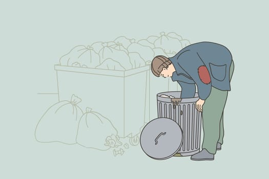 Homelessness and poverty concept. Homeless unemployed man in torn shabby clothes cartoon character searching for food in trash can on streets outdoors vector illustration