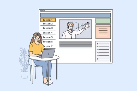 Elearning and online lesson concept. Young woman cartoon character in headphones sitting with laptop and listening to lesson course on marketing online vector illustration