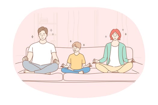 Yoga, meditation, healthy active sport lifestyle concept. Happy smiling family with small son sitting together on sofa in lotus position, practicing yoga, relaxing and meditating at home illustration