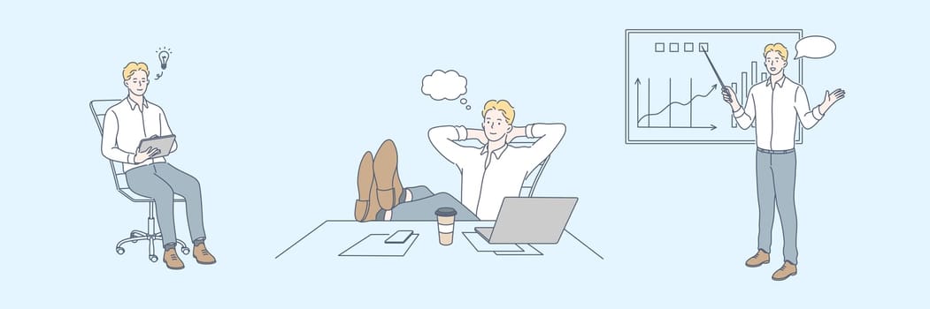 Brainstorm, idea, rest, presentation, training, business concept. Young businessman teacher lawyer in office. Idea during brainstorming, recreation process. Demonstration of presentation, training.